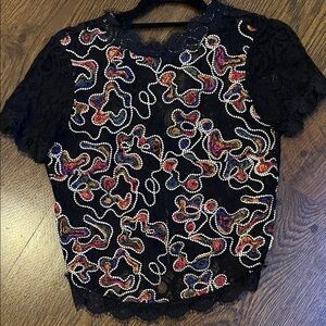 Zara Black Lace Blouse with Colorful Embroidery
